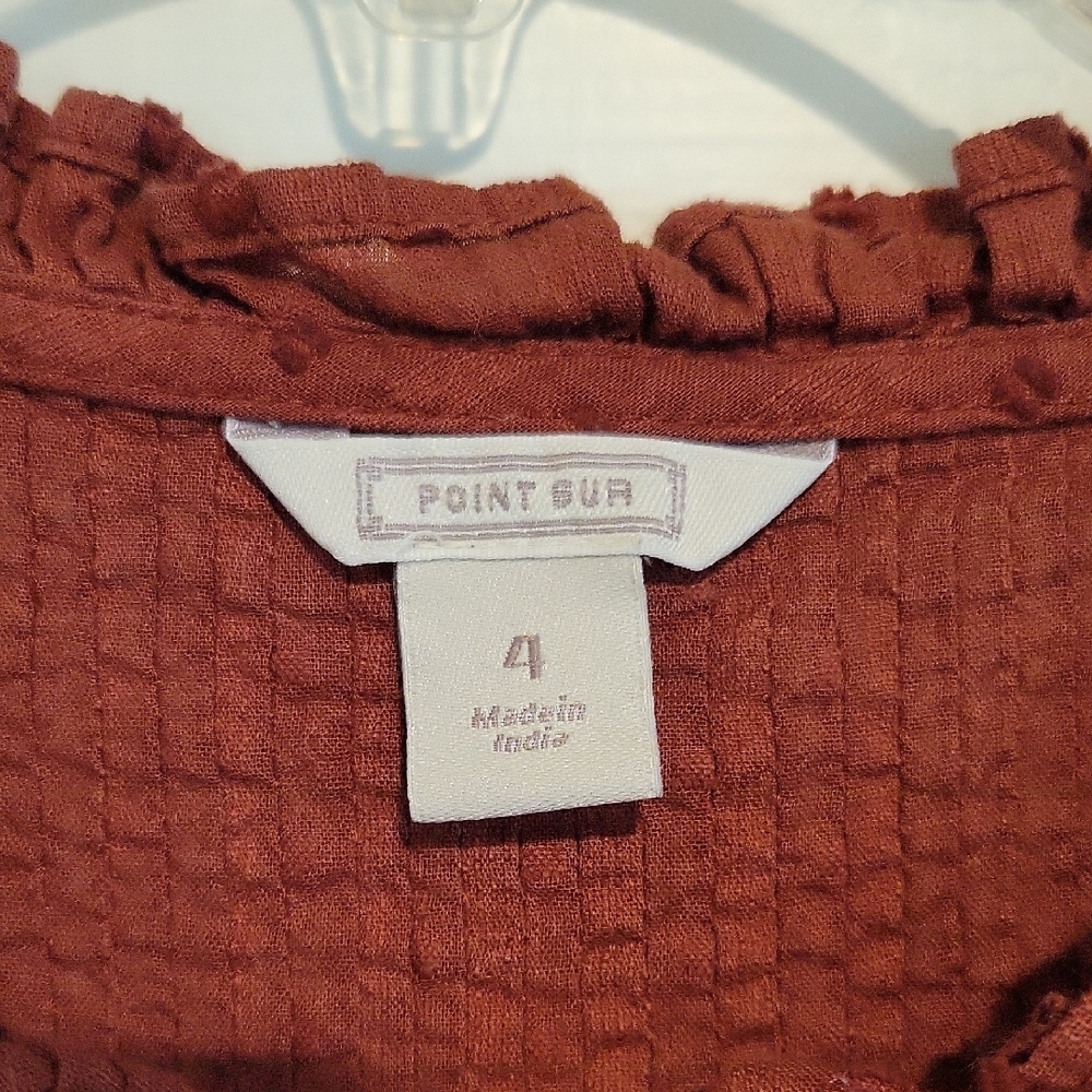 Womens Button-Front Rust Ruffle Trim Blouse - Picture 2 of 5